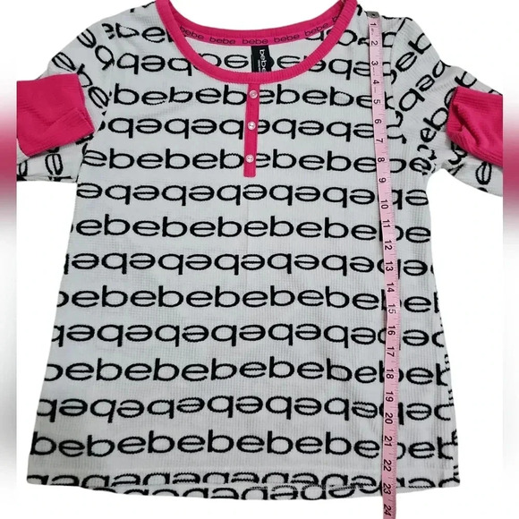 Bebe Logo Henley Sleepwear Top Large Pink Black White Y2K Grunge Lounge Tee - Picture 7 of 7